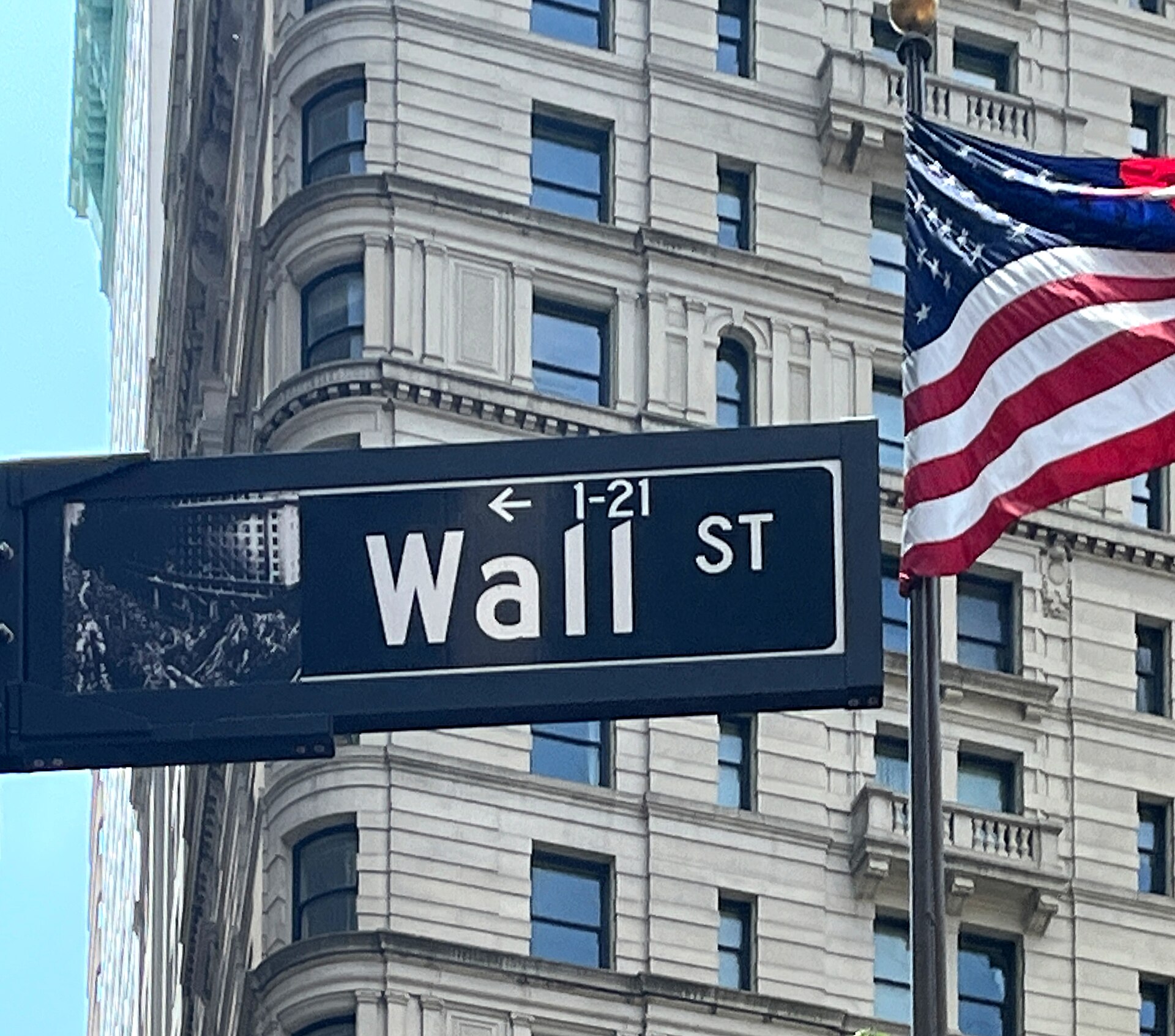 Wall Street sign with an American flag on a classic Financial District building in New York
